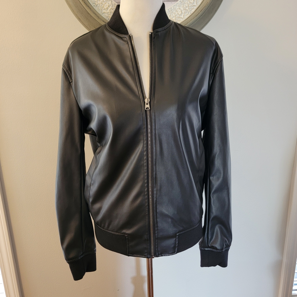 Classic Black Faux Leather Bomber Jacket - Women